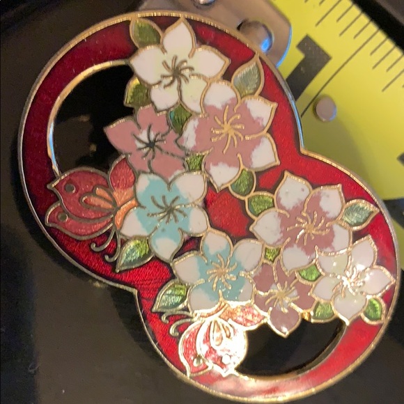 Beautiful red enamel scarf ring with butterflies flowers SCARF RING CLOISONNÉ 2” - Picture 4 of 6